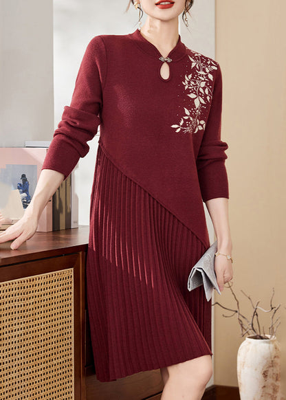 Chinese Style Mulberry Stand Collar Cotton Knit Long Sweater Dress Spring