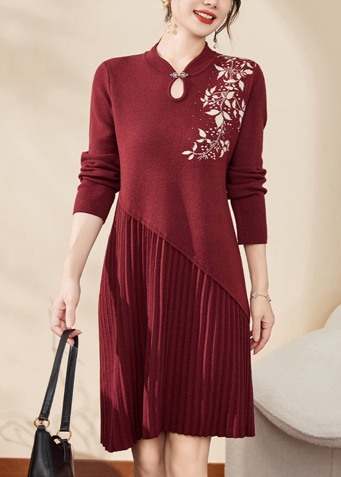 Chinese Style Mulberry Stand Collar Cotton Knit Long Sweater Dress Spring