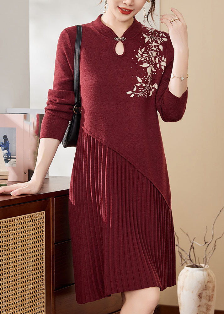Chinese Style Mulberry Stand Collar Cotton Knit Long Sweater Dress Spring