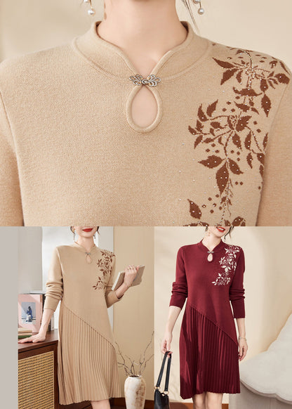 Chinese Style Mulberry Stand Collar Cotton Knit Long Sweater Dress Spring