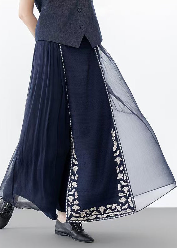 Chinese Style Navy Embroidered Overlay Wide Leg Pants Spring