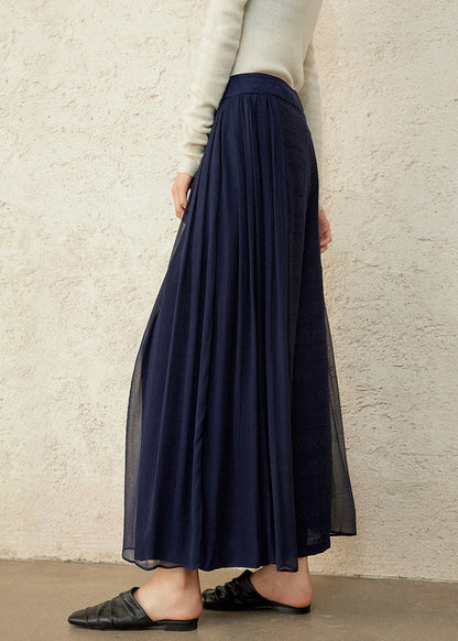 Chinese Style Navy Embroidered Overlay Wide Leg Pants Spring