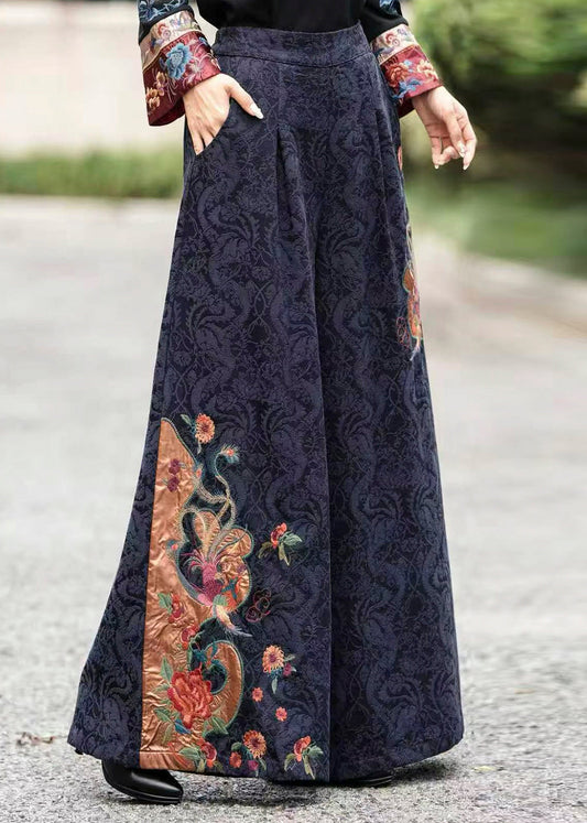 Chinese Style Navy Embroidered Pockets Cotton Pants Fall