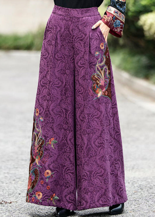 Chinese Style Navy Embroidered Pockets Cotton Pants Fall