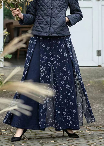 Chinese Style Navy Print Overlay Wide Leg Pants Spring