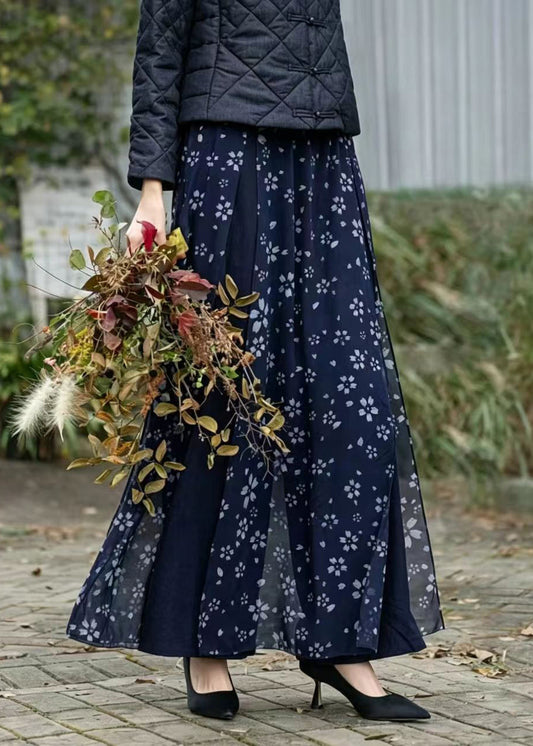 Chinese Style Navy Print Overlay Wide Leg Pants Spring