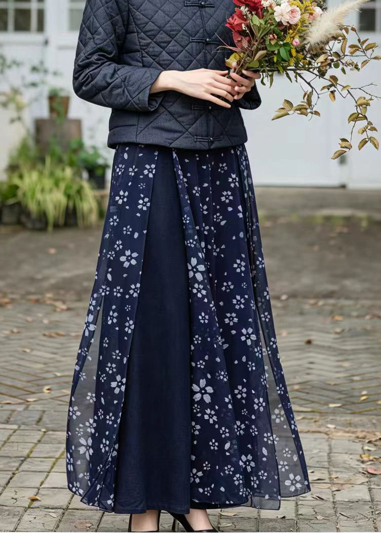 Chinese Style Navy Print Overlay Wide Leg Pants Spring