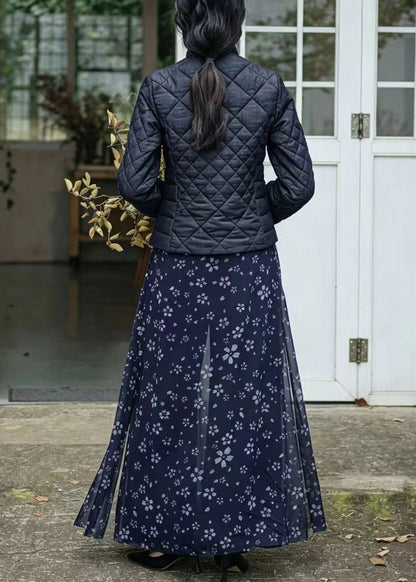 Chinese Style Navy Print Overlay Wide Leg Pants Spring
