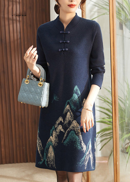 Chinese Style Navy Print Tassel Cotton Knitted Long Sweater Dress Spring