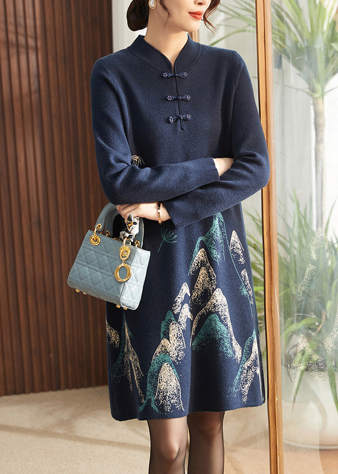 Chinese Style Navy Print Tassel Cotton Knitted Long Sweater Dress Spring