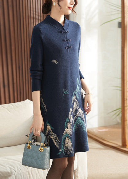 Chinese Style Navy Print Tassel Cotton Knitted Long Sweater Dress Spring
