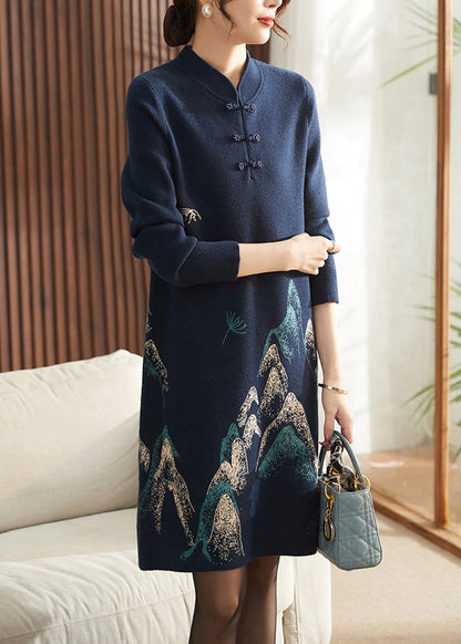 Chinese Style Navy Print Tassel Cotton Knitted Long Sweater Dress Spring