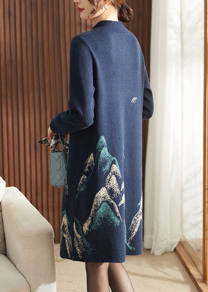 Chinese Style Navy Print Tassel Cotton Knitted Long Sweater Dress Spring