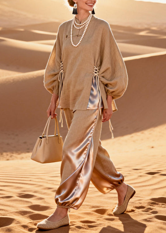 Chinese Style O Neck Lace Up Patchwork Silk Linen Two Pieces Set