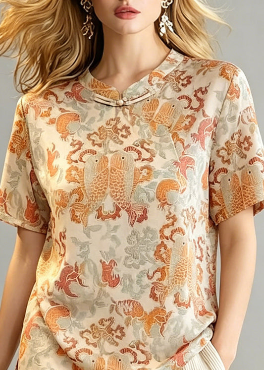 Chinese Style O-Neck Print Side Open Tops Summer