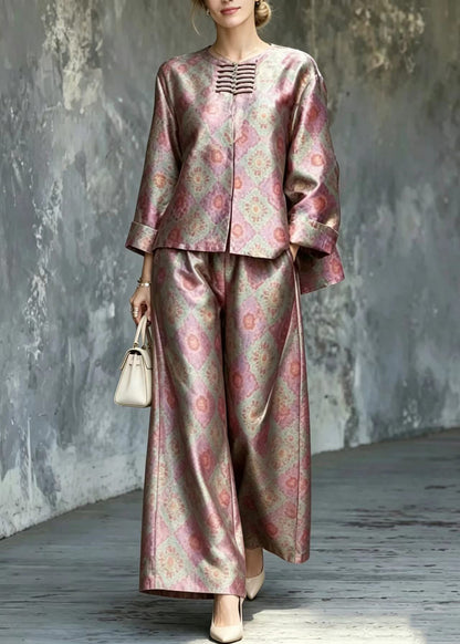 Chinese Style O-Neck Print Top And Wide Leg Pants Two Piece Set Outfits Fall