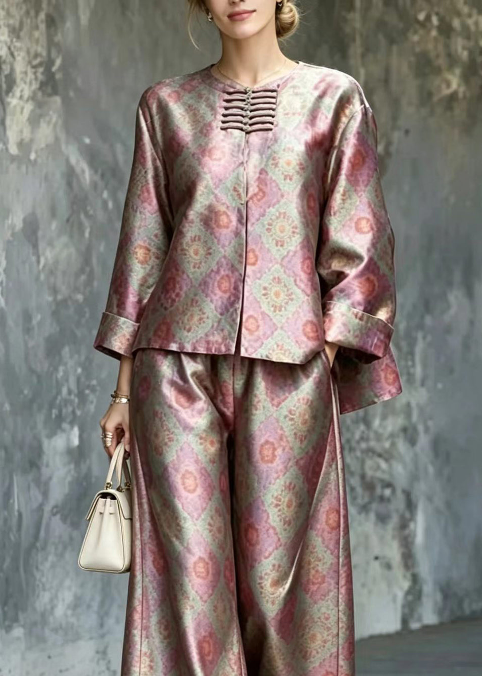 Chinese Style O-Neck Print Top And Wide Leg Pants Two Piece Set Outfits Fall