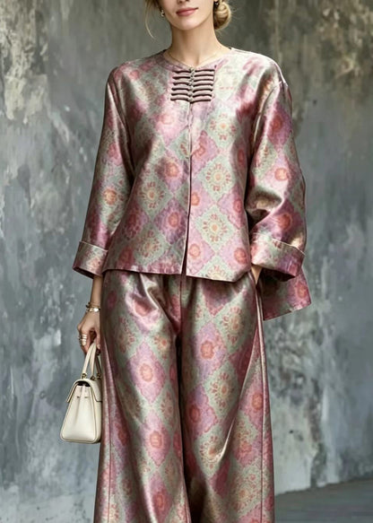 Chinese Style O-Neck Print Top And Wide Leg Pants Two Piece Set Outfits Fall