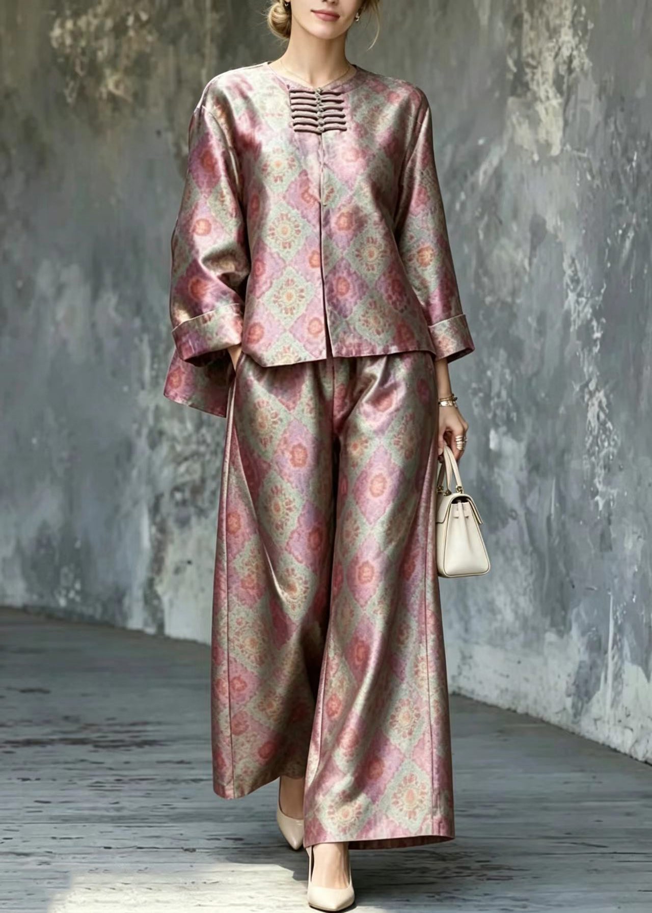 Chinese Style O-Neck Print Top And Wide Leg Pants Two Piece Set Outfits Fall