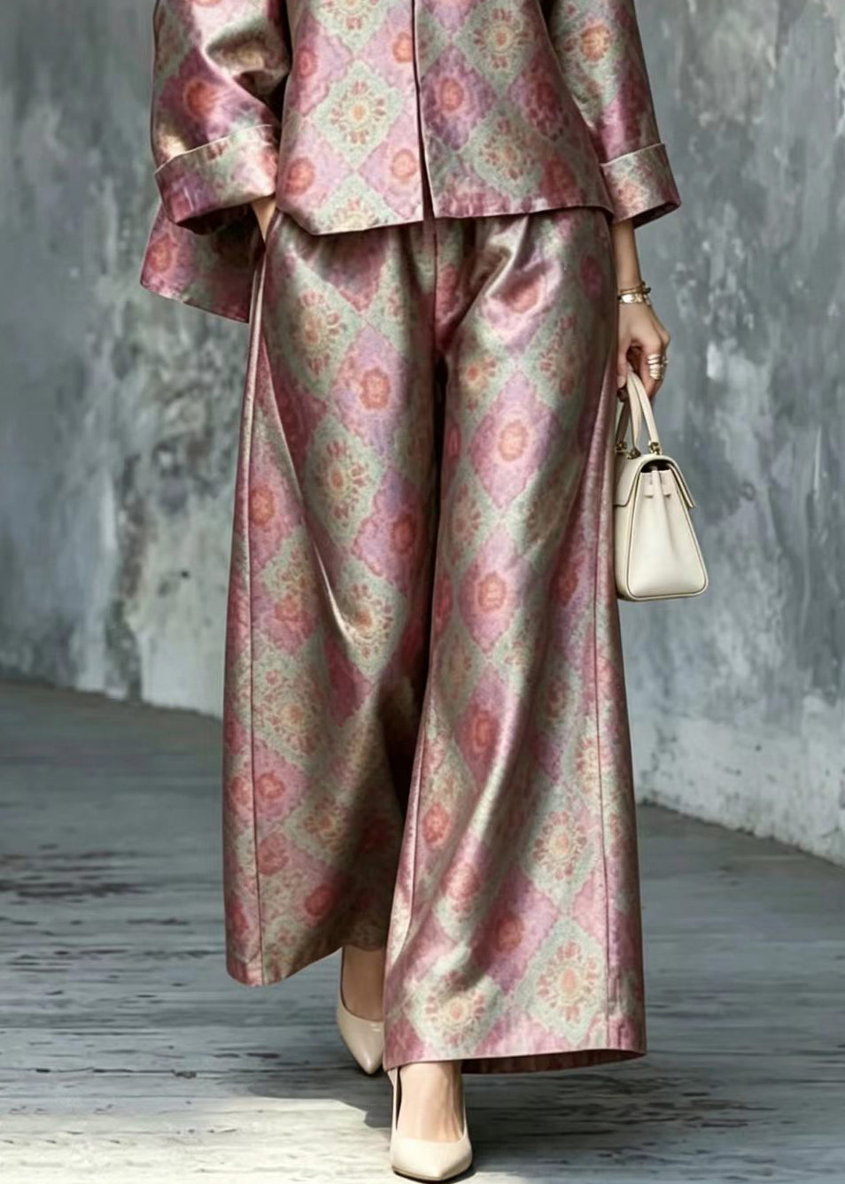 Chinese Style O-Neck Print Top And Wide Leg Pants Two Piece Set Outfits Fall