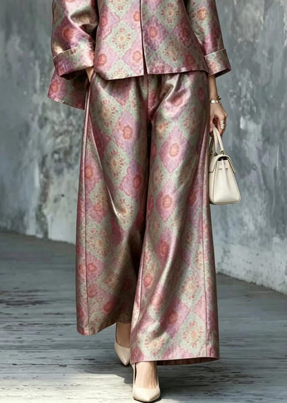 Chinese Style O-Neck Print Top And Wide Leg Pants Two Piece Set Outfits Fall
