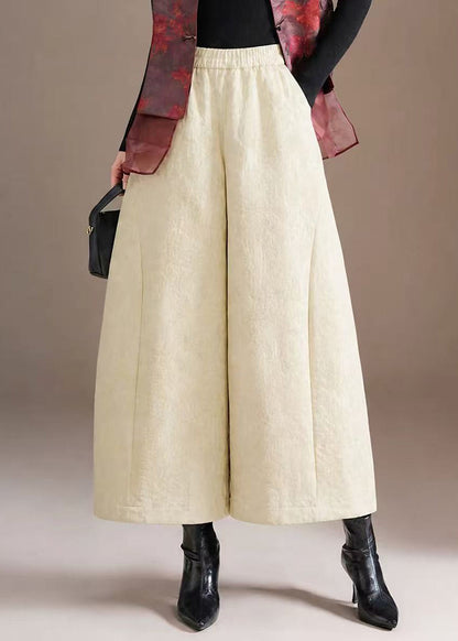 Chinese Style Off White Jacquard Pockets Elastic Waist Wide Leg Crop Pants Fall
