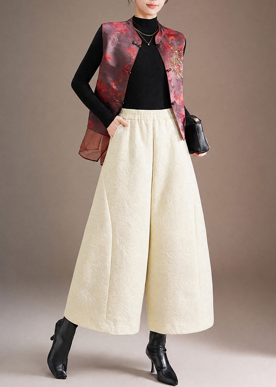 Chinese Style Off White Jacquard Pockets Elastic Waist Wide Leg Crop Pants Fall