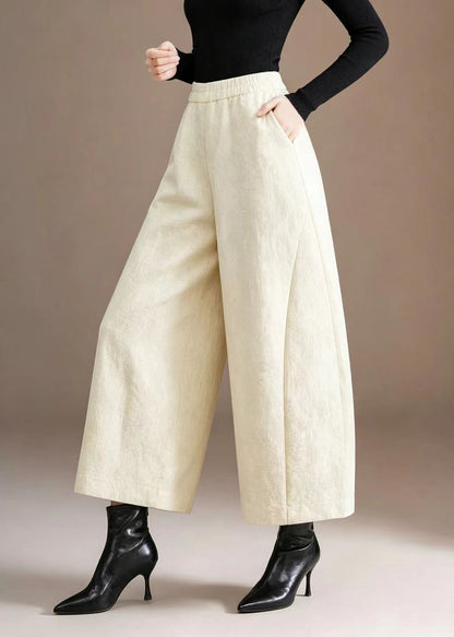 Chinese Style Off White Jacquard Pockets Elastic Waist Wide Leg Crop Pants Fall