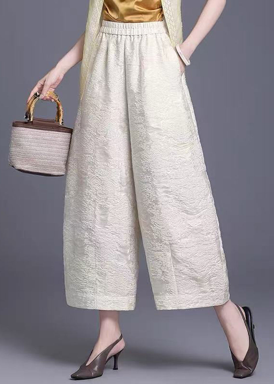Chinese Style Off White Pockets Jacquard Elastic Waist Wide Leg Crop Pants Summer