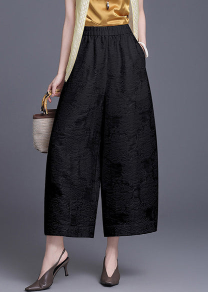 Chinese Style Off White Pockets Jacquard Elastic Waist Wide Leg Crop Pants Summer