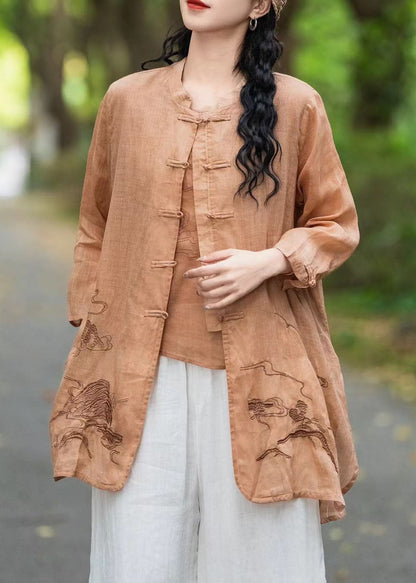 Chinese Style Orange Embroidered Linen Shirt Tops Summer