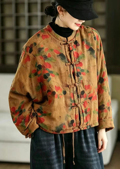 Chinese Style Orange Frog Button Print Cotton Linen Cotton Filled Jacket Winter