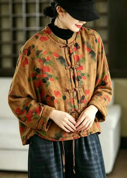 Chinese Style Orange Frog Button Print Cotton Linen Cotton Filled Jacket Winter