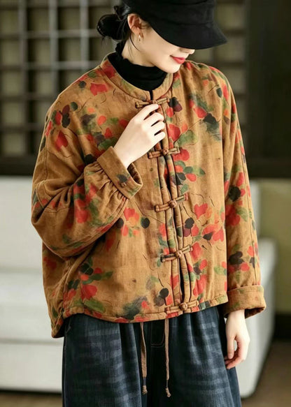 Chinese Style Orange Frog Button Print Cotton Linen Cotton Filled Jacket Winter