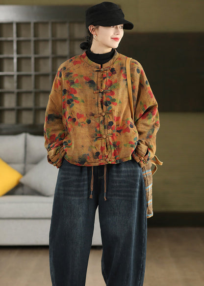 Chinese Style Orange Frog Button Print Cotton Linen Cotton Filled Jacket Winter