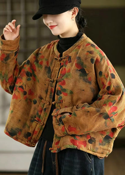Chinese Style Orange Frog Button Print Cotton Linen Cotton Filled Jacket Winter