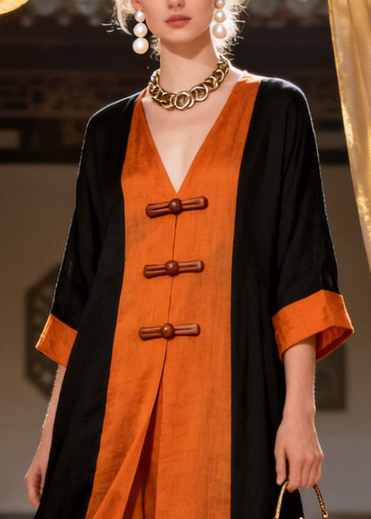 Chinese Style Orange Patchwork Chinese Button Cotton Dress Summer