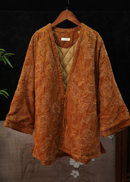 Chinese Style Orange V Neck Print Fine Cotton Filled Coat Winter