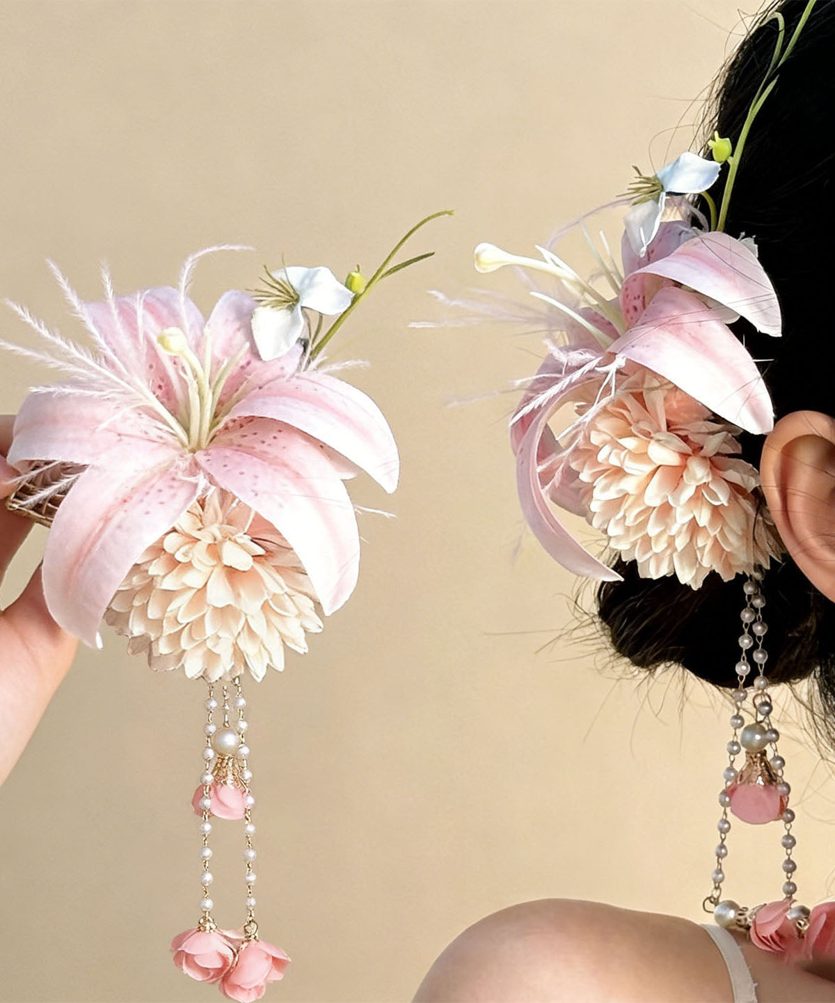 Chinese Style Pink Alloy Floral Pearl Tassel Hairpin