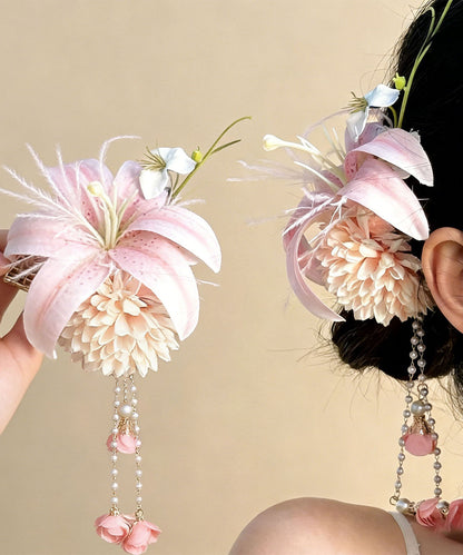 Chinese Style Pink Alloy Floral Pearl Tassel Hairpin