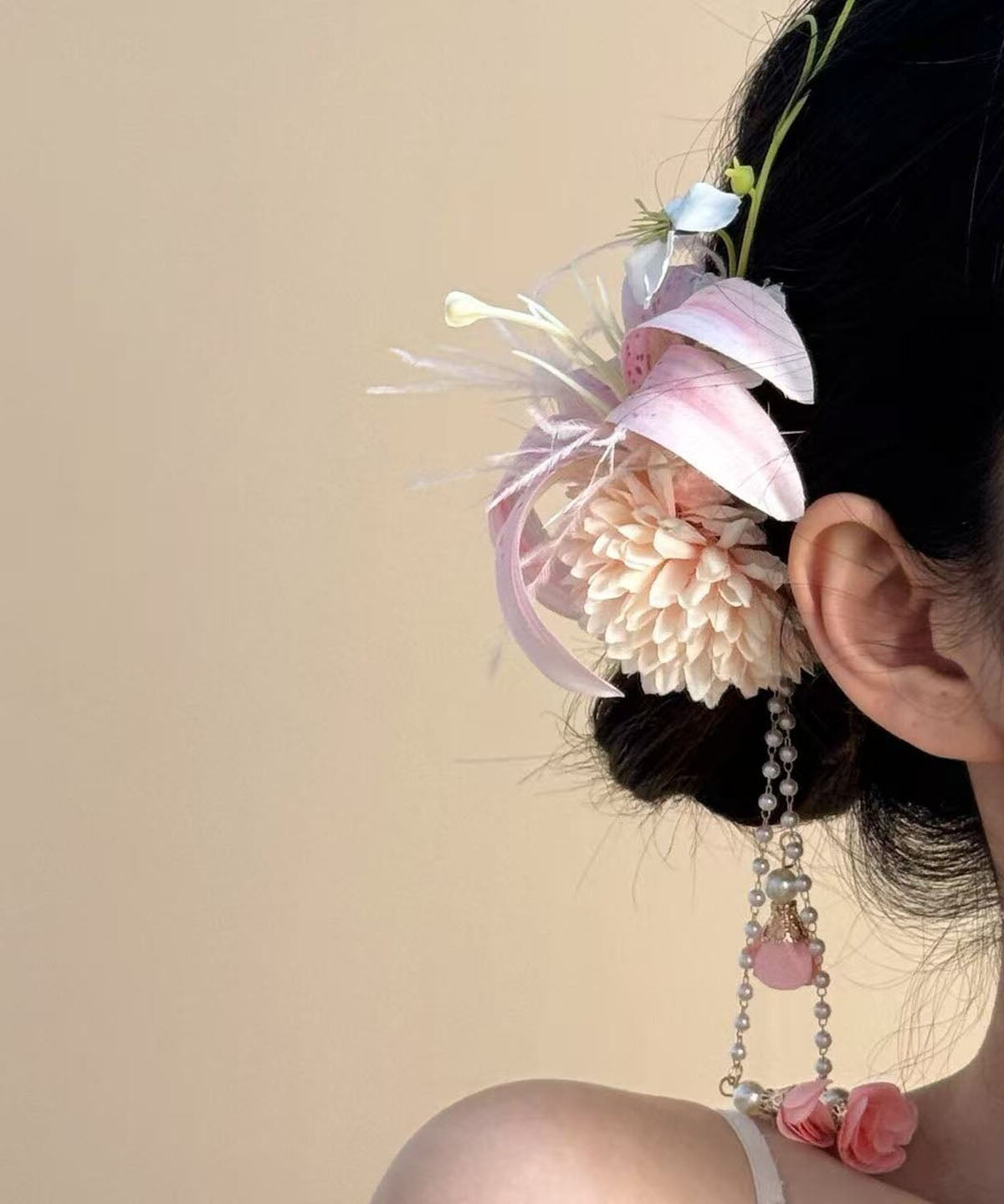 Chinese Style Pink Alloy Floral Pearl Tassel Hairpin