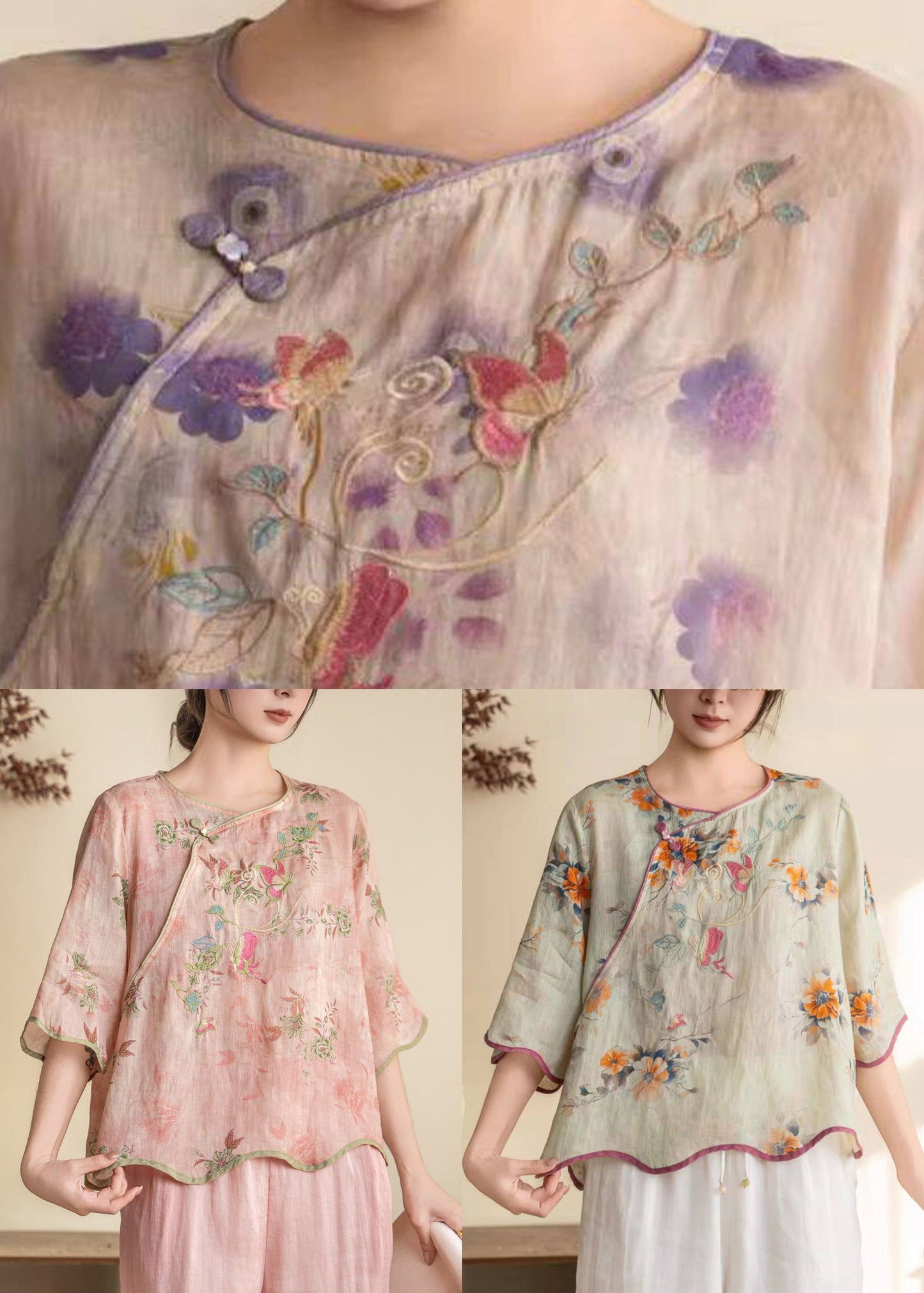 Chinese Style Pink Embroidered Linen Blouses Summer