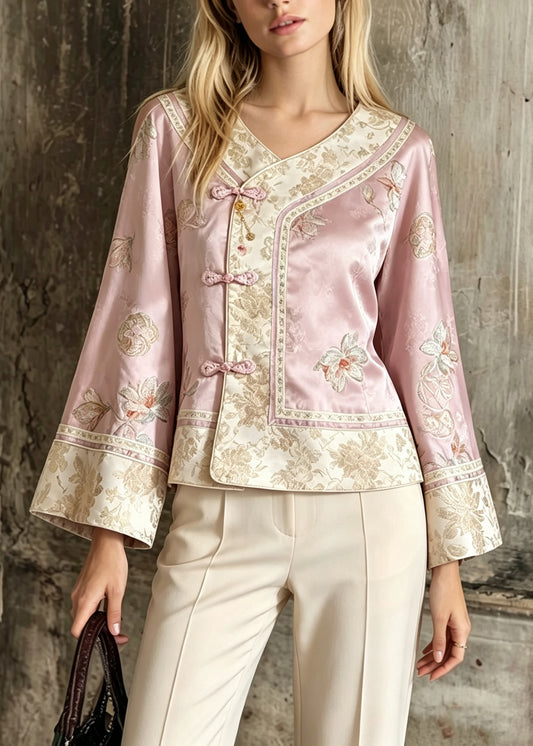 Chinese Style Pink Embroidered Patchwork Silk Jackets Fall