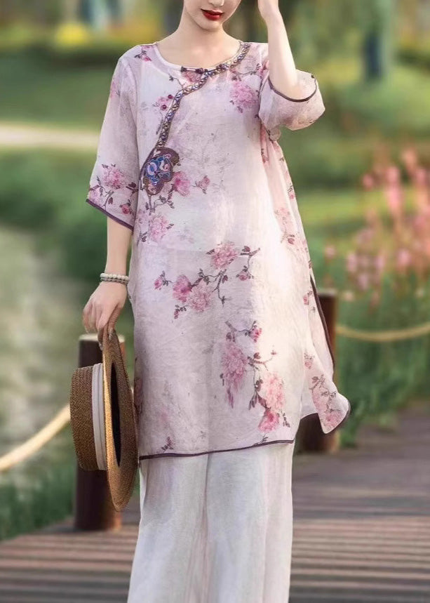 Chinese Style Pink Embroidered Side Open Linen Dress Summer
