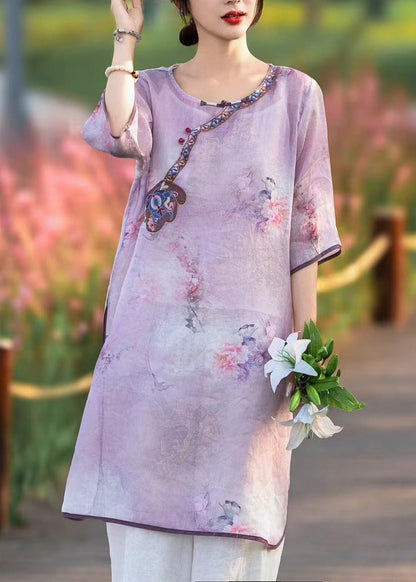 Chinese Style Pink Embroidered Side Open Linen Dress Summer