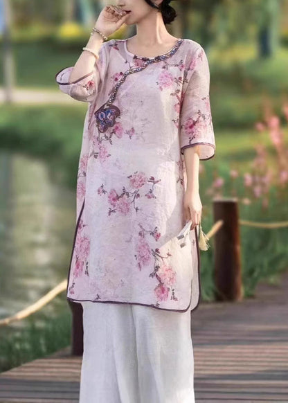 Chinese Style Pink Embroidered Side Open Linen Dress Summer