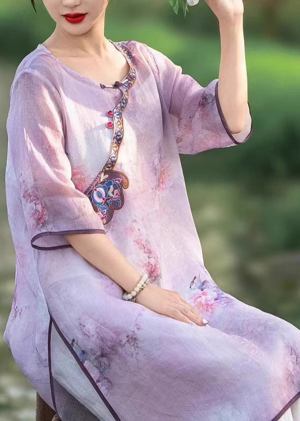 Chinese Style Pink Embroidered Side Open Linen Dress Summer