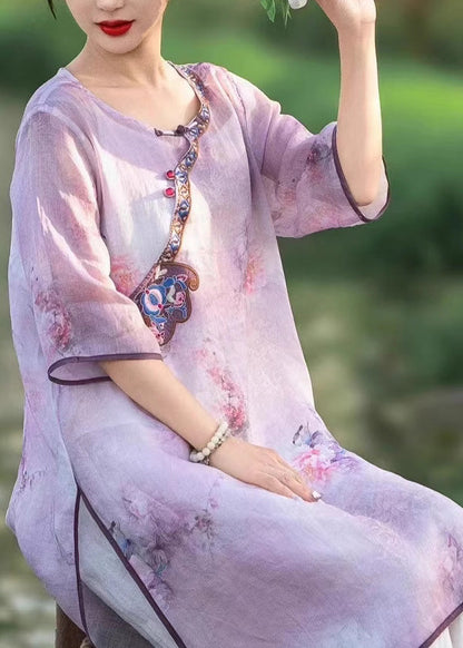 Chinese Style Pink Embroidered Side Open Linen Dress Summer