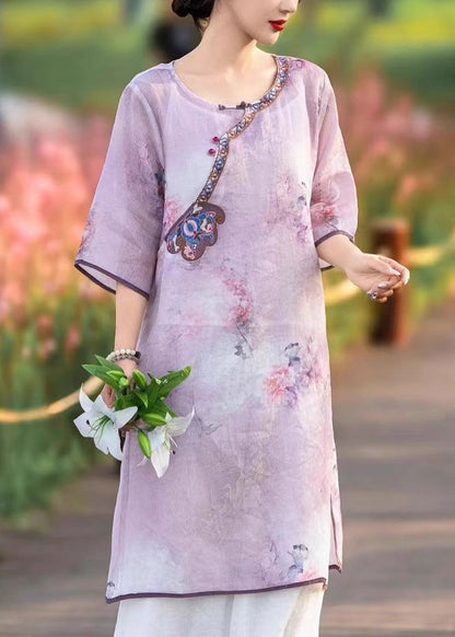 Chinese Style Pink Embroidered Side Open Linen Dress Summer