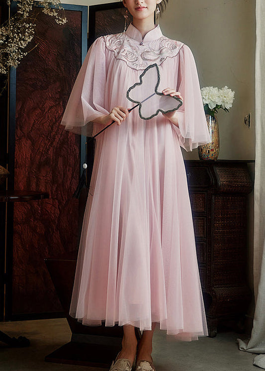 Chinese Style Pink Mandarin Collar Embroidered Tulle Dresses Summer